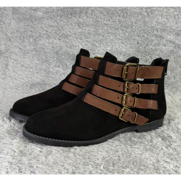 Bella Vita Ronan Ankle Boots Women's Black Suede and Brown Leather Strap Sz 7 - Picture 1 of 9